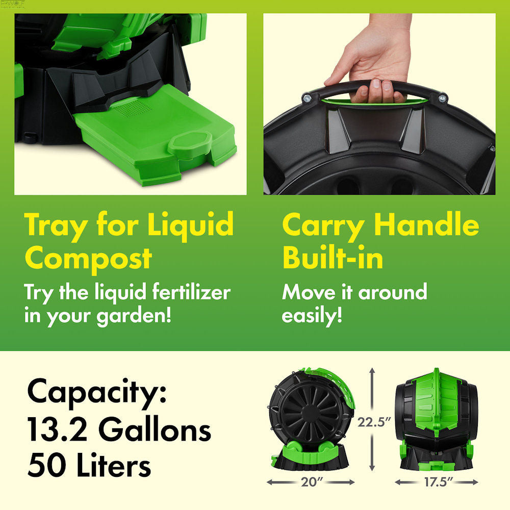 50 Litre Tumbling Barrel Composter Bin With Liquid Collection Drawer